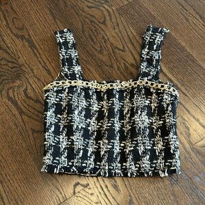 Alice and Olivia tweed crop top with gold chain